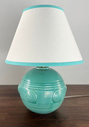 Vintage 1930 Art Deco Ceramic Table Lamp with Robins Egg Blue Glaze and Bulls Eye Pattern