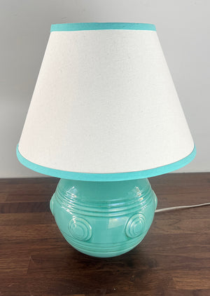 Vintage 1930 Art Deco Ceramic Table Lamp with Robins Egg Blue Glaze and Bulls Eye Pattern