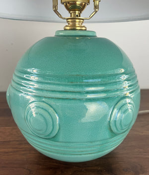 Vintage 1930 Art Deco Ceramic Table Lamp with Robins Egg Blue Glaze and Bulls Eye Pattern