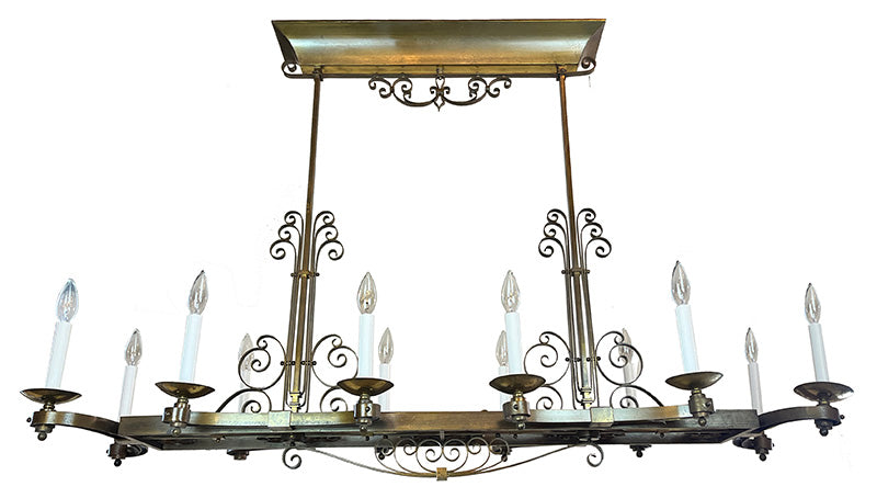 Rare LARGE 53" wide 1930s French Art Deco Twelve Light Brass Scroll Work Chandelier