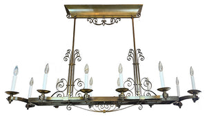 Rare LARGE 53" wide 1930s French Art Deco Twelve Light Brass Scroll Work Chandelier
