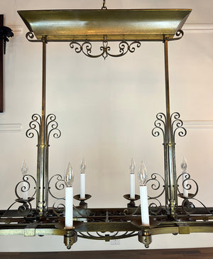 Rare LARGE 53" wide 1930s French Art Deco Twelve Light Brass Scroll Work Chandelier