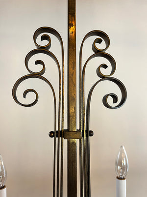 Rare LARGE 53" wide 1930s French Art Deco Twelve Light Brass Scroll Work Chandelier