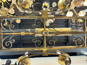 Rare LARGE 53" wide 1930s French Art Deco Twelve Light Brass Scroll Work Chandelier