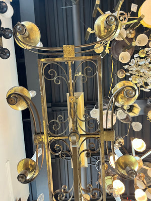 Rare LARGE 53" wide 1930s French Art Deco Twelve Light Brass Scroll Work Chandelier