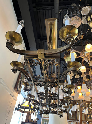 Rare LARGE 53" wide 1930s French Art Deco Twelve Light Brass Scroll Work Chandelier