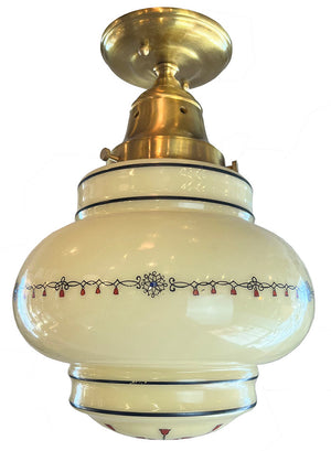 Antique Circa 1930 Art Deco Flush Mount with Stylized Floral Patterned and Pinstriped Shade