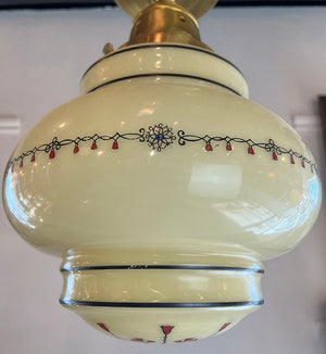 Antique Circa 1930 Art Deco Flush Mount with Stylized Floral Patterned and Pinstriped Shade