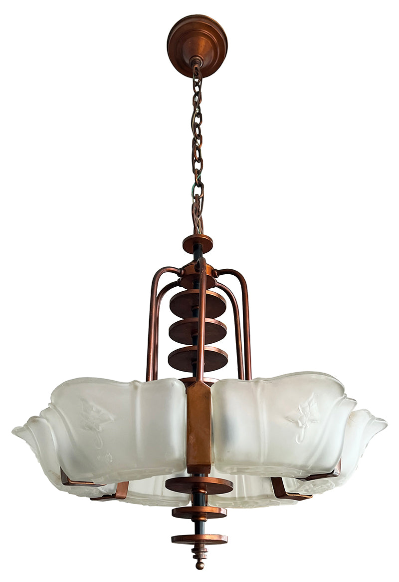 Antique Circa 1930 Markel Six Light Art Deco Slip Shade Fixture with Original Copper Finish