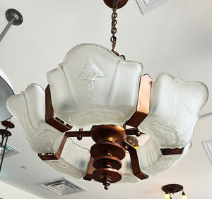 Antique Circa 1930 Markel Six Light Art Deco Slip Shade Fixture with Original Copper Finish