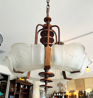 Antique Circa 1930 Markel Six Light Art Deco Slip Shade Fixture with Original Copper Finish