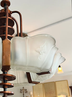 Antique Circa 1930 Markel Six Light Art Deco Slip Shade Fixture with Original Copper Finish