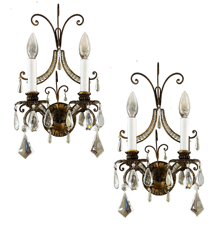 $900 PAIR - Circa 1930s French Gold and Crystal Double Light Wall Sconces