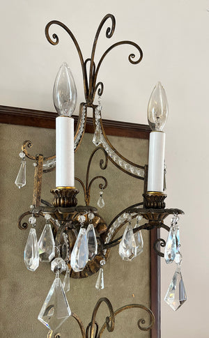 $900 PAIR - Circa 1930s French Gold and Crystal Double Light Wall Sconces