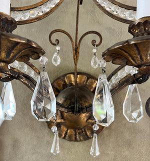 $900 PAIR - Circa 1930s French Gold and Crystal Double Light Wall Sconces