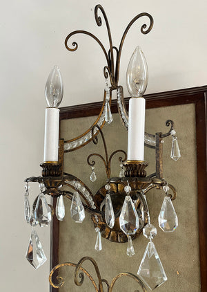 $900 PAIR - Circa 1930s French Gold and Crystal Double Light Wall Sconces