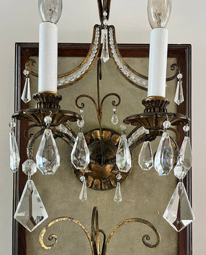 $900 PAIR - Circa 1930s French Gold and Crystal Double Light Wall Sconces