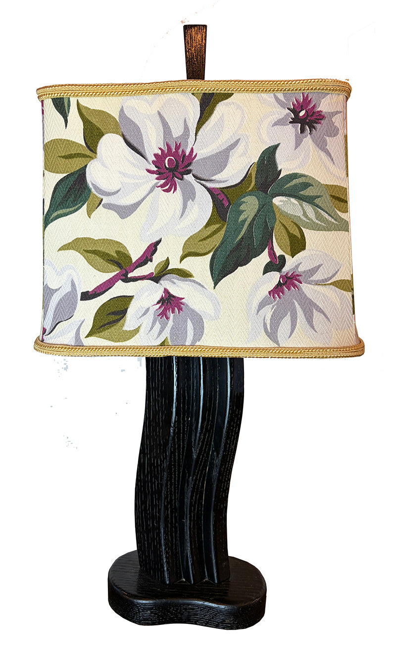 Vintage 1940s Art Deco Ebonized Wood Table Lamp with Floral Pattern Handmade Bark Cloth Shade