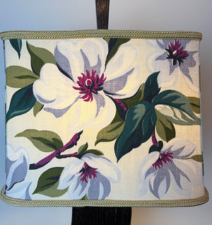 Vintage 1940s Art Deco Ebonized Wood Table Lamp with Floral Pattern Handmade Bark Cloth Shade