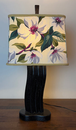 Vintage 1940s Art Deco Ebonized Wood Table Lamp with Floral Pattern Handmade Bark Cloth Shade