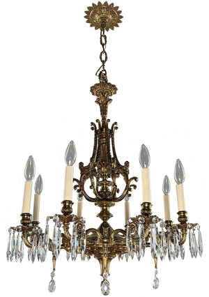 Antique Circa 1940 European Empire Eight Light Cast Brass Chandelier with Gryphon Head Arms