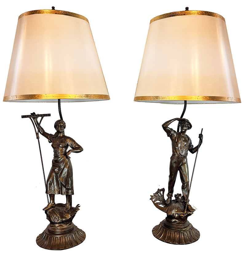 $800 PAIR- Circa 1940 Figural Table Lamps with Antiqued Gold Leaf Shades