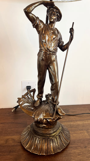 $800 PAIR- Circa 1940 Figural Table Lamps with Antiqued Gold Leaf Shades