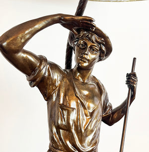 $800 PAIR- Circa 1940 Figural Table Lamps with Antiqued Gold Leaf Shades