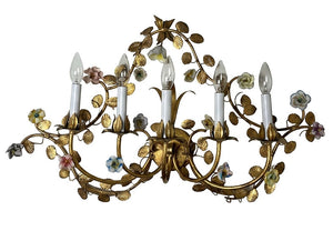 Antique Circa 1950s Italian Five Light Grand Candelabra Sconce with Original Gold FInish and Porcelian Flowers