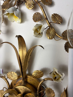 Antique Circa 1950s Italian Five Light Grand Candelabra Sconce with Original Gold FInish and Porcelian Flowers