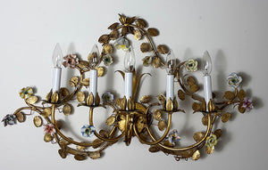 Antique Circa 1950s Italian Five Light Grand Candelabra Sconce with Original Gold FInish and Porcelian Flowers