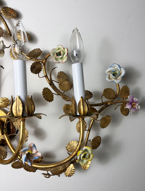 Antique Circa 1950s Italian Five Light Grand Candelabra Sconce with Original Gold FInish and Porcelian Flowers