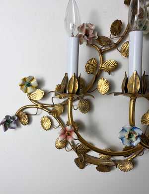 Antique Circa 1950s Italian Five Light Grand Candelabra Sconce with Original Gold FInish and Porcelian Flowers