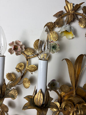 Antique Circa 1950s Italian Five Light Grand Candelabra Sconce with Original Gold FInish and Porcelian Flowers