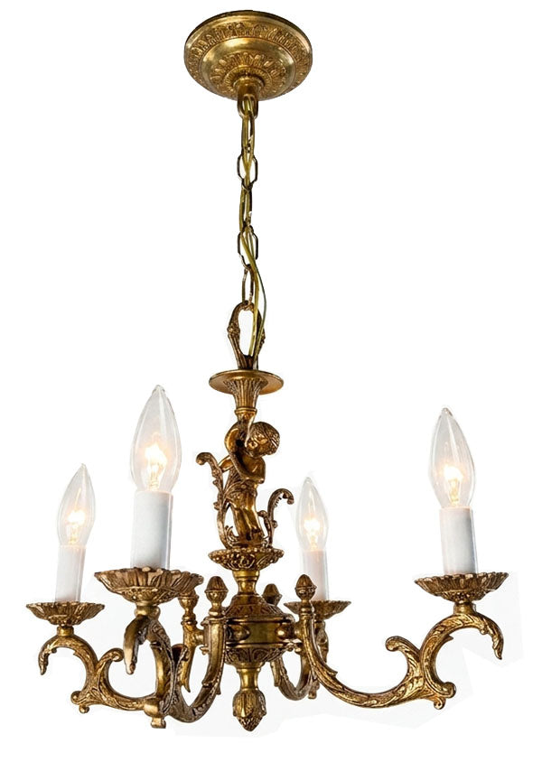 Antique Circa 1940 Cast Brass Petite Four Light Chandelier with a Cast Cherub
