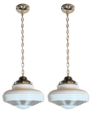 $850 PAIR - Antique Circa 1930-40 Streamlined Art Deco White Enamel Louvered Bottom Shades on Polished Nickel Holders