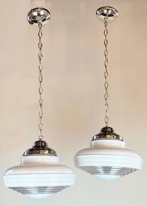 $850 PAIR - Antique Circa 1930-40 Streamlined Art Deco White Enamel Louvered Bottom Shades on Polished Nickel Holders