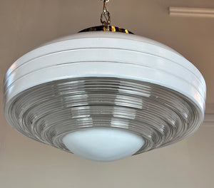 $850 PAIR - Antique Circa 1930-40 Streamlined Art Deco White Enamel Louvered Bottom Shades on Polished Nickel Holders