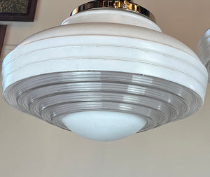 $850 PAIR - Antique Circa 1930-40 Streamlined Art Deco White Enamel Louvered Bottom Shades on Polished Nickel Holders