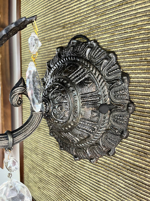 $550 PAIR - SET OF 4 SCONCES AVAILABLE - Antique Circa 1940s Spanish Cast Brass and Crystal Wall Sconces