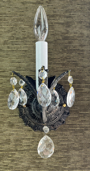 $550 PAIR - SET OF 4 SCONCES AVAILABLE - Antique Circa 1940s Spanish Cast Brass and Crystal Wall Sconces