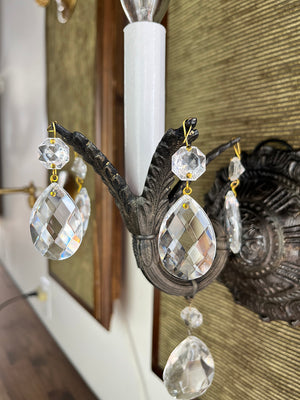 $550 PAIR - SET OF 4 SCONCES AVAILABLE - Antique Circa 1940s Spanish Cast Brass and Crystal Wall Sconces