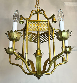 Vintage Circa 1950 Mid Century Faux Bamboo Asian Inspired Five Light Chandelier