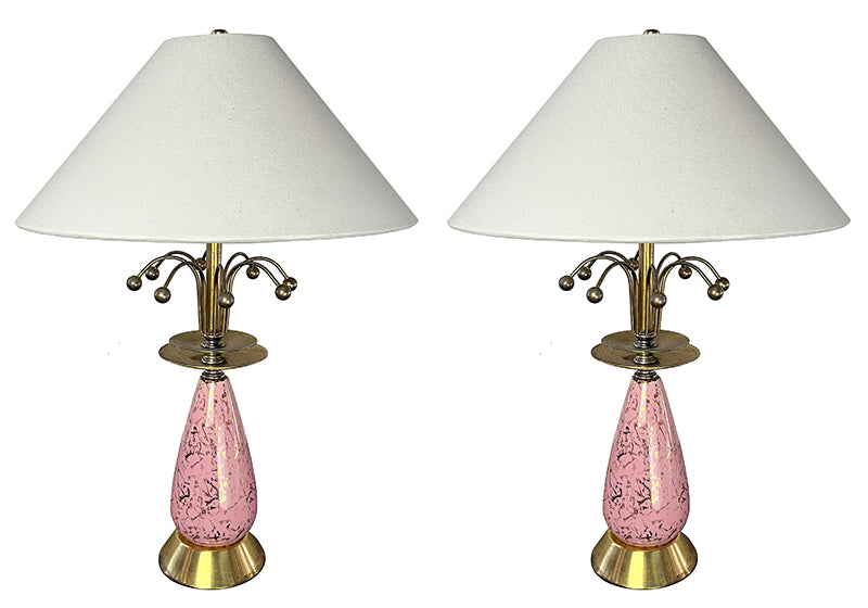 $600 PAIR - Vintage 1950s Mid Century Atomic Age Pink Glass and Brass Table Lamps with Contemporary Linen Shades