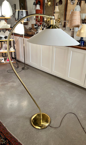 Vintage Mid Century 1970s Polished Brass Italian Floor Lamp with Natural Linen Shade