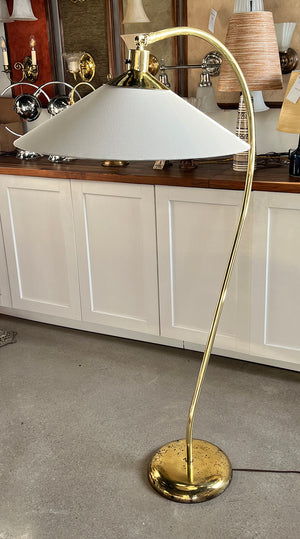 Vintage Mid Century 1970s Polished Brass Italian Floor Lamp with Natural Linen Shade