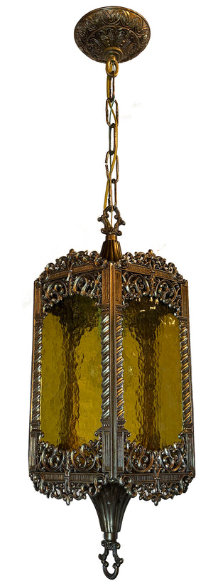 Vintage Circa 1970 Ornate Cast Metal Lantern with Original Hammered Pattern Amber Glass