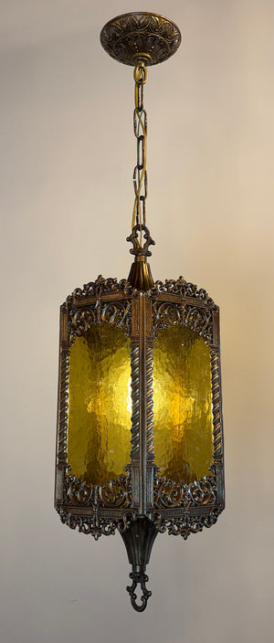 Vintage Circa 1970 Ornate Cast Metal Lantern with Original Hammered Pattern Amber Glass