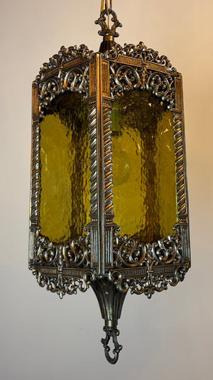 Vintage Circa 1970 Ornate Cast Metal Lantern with Original Hammered Pattern Amber Glass