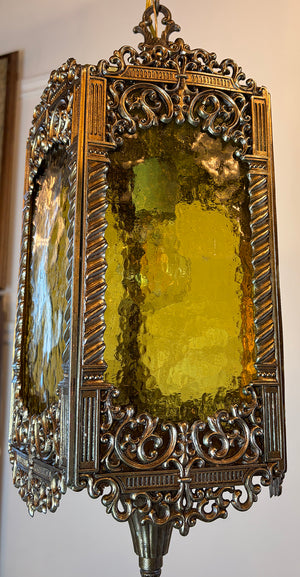 Vintage Circa 1970 Ornate Cast Metal Lantern with Original Hammered Pattern Amber Glass